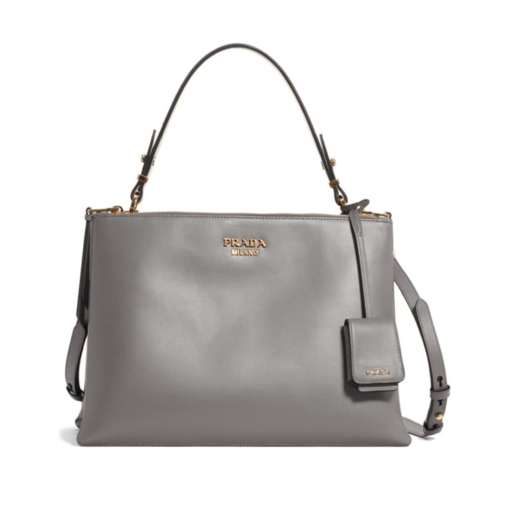 New Authentic Prada  Calfskin Leather Satchel Medium Gray Gold